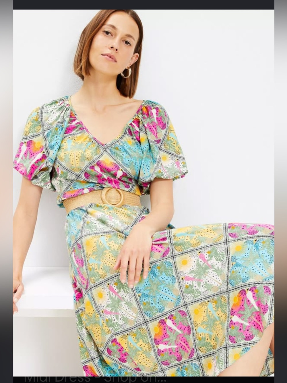 LOFT Raffia Palm Print Midi Dress NO BELT.